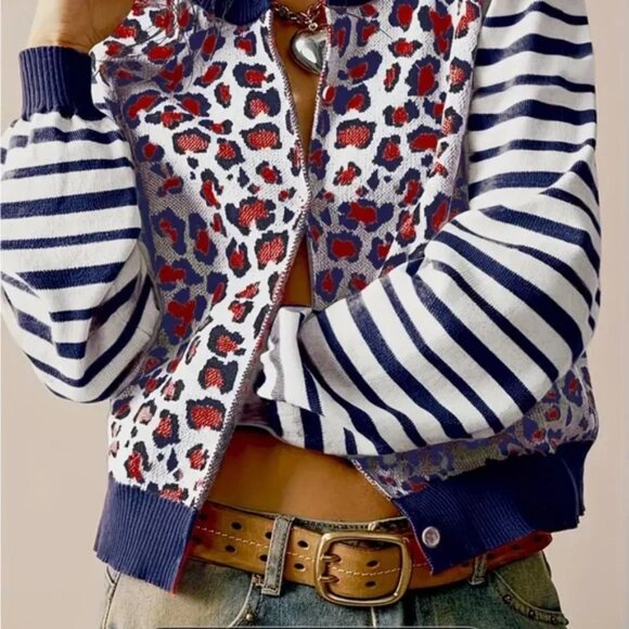 Leopard Print Striped Long-Sleeve Cardigan Sweater - Picture 3 of 5